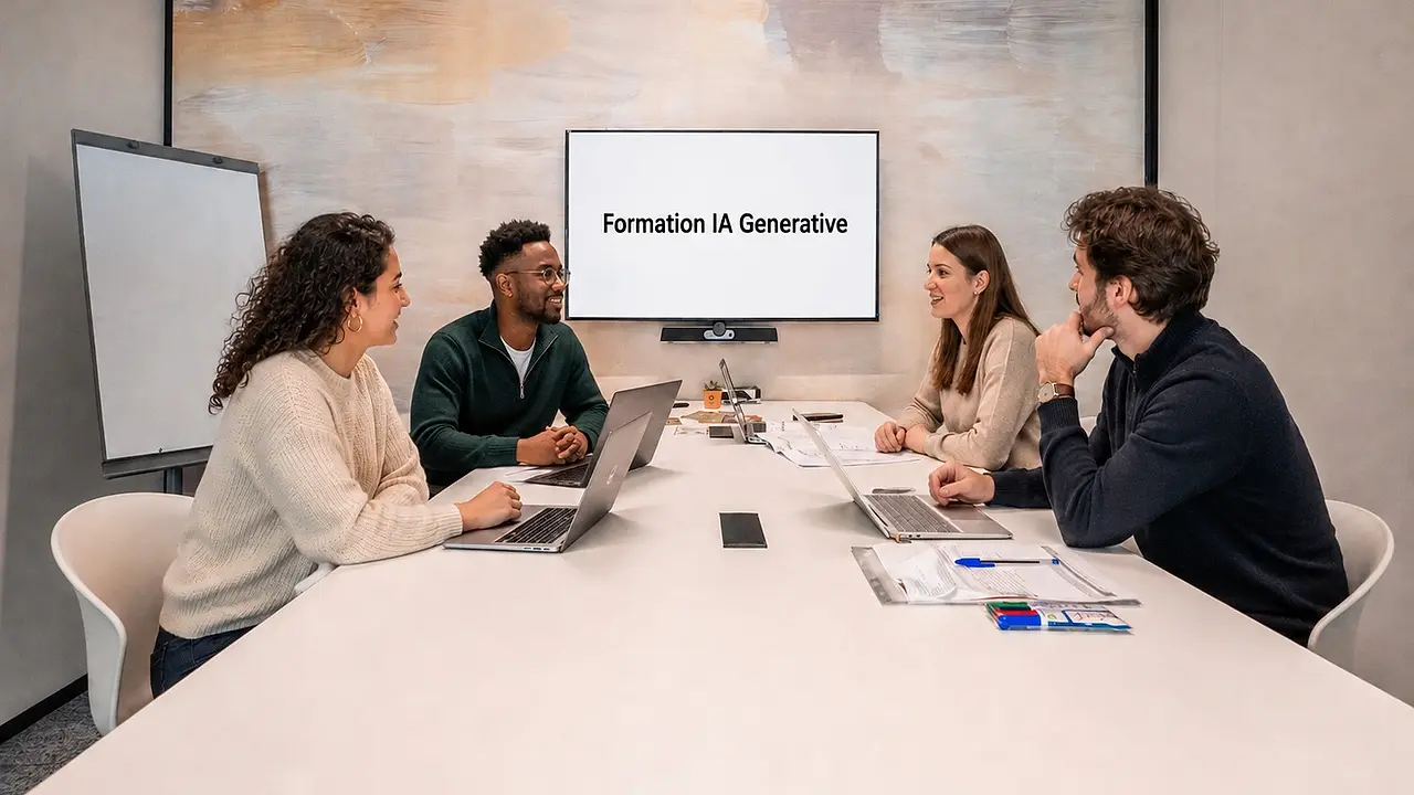 Salle de formation à l'intelligence artificielle générative, participants face à l'écran de projection.