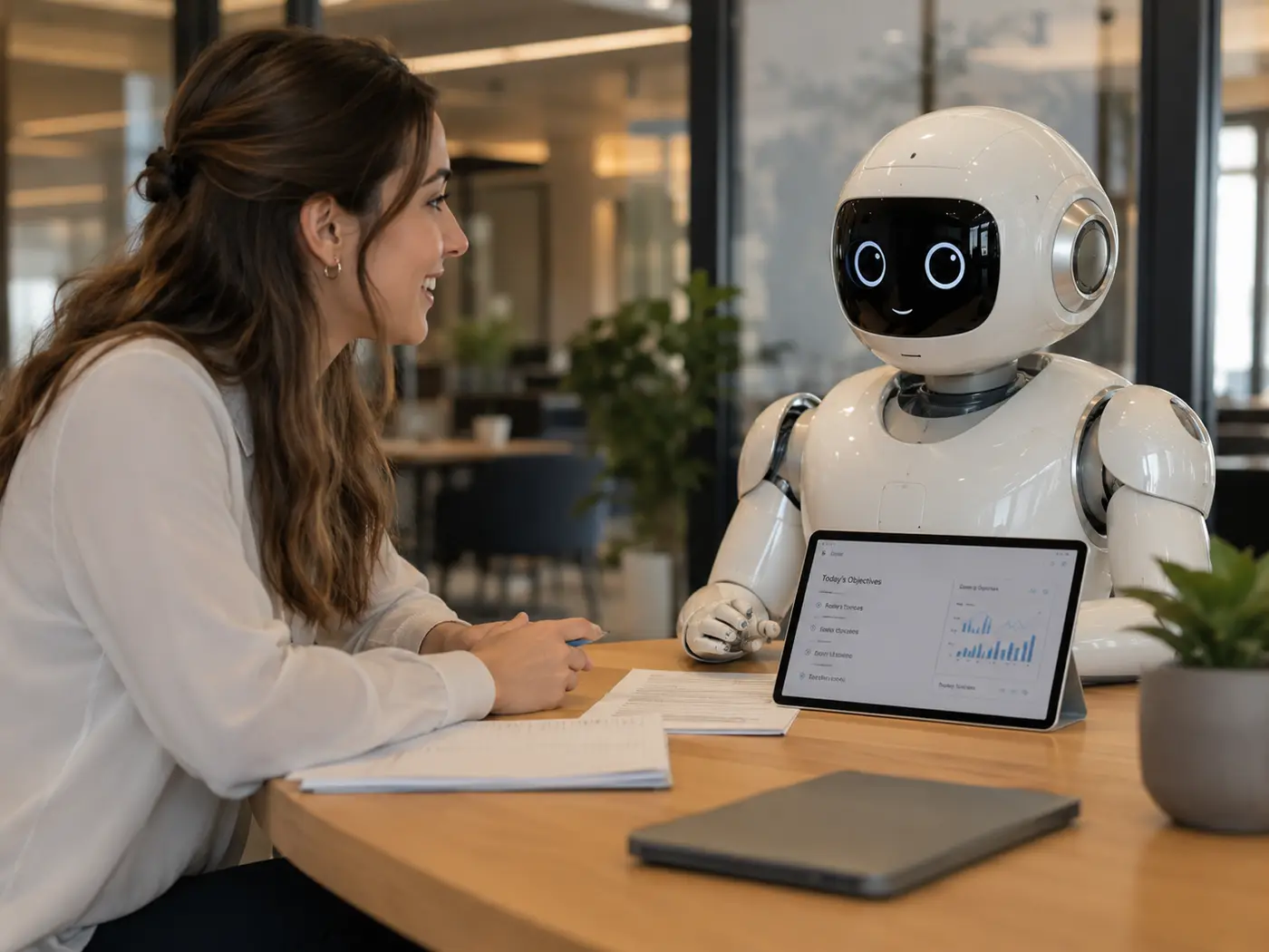 Une professionnelle en echange avec un robot humanoide devant une tablette, dans un espace de bureau