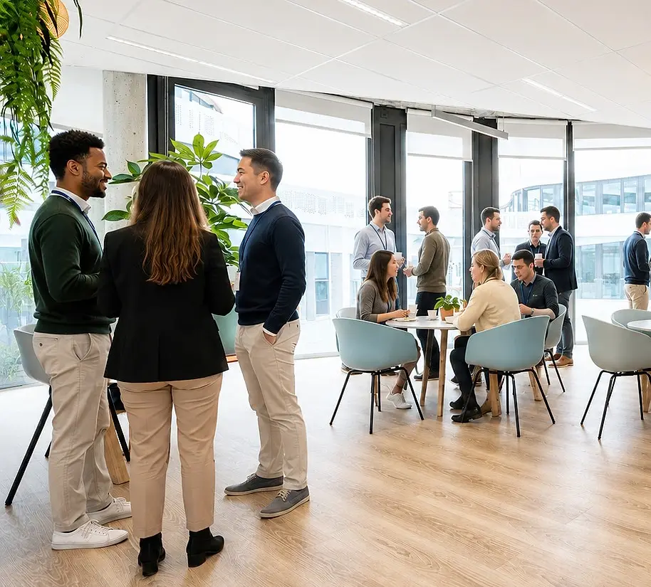 Participants en échange lors d'une pause, dans les locaux de Brio Learning