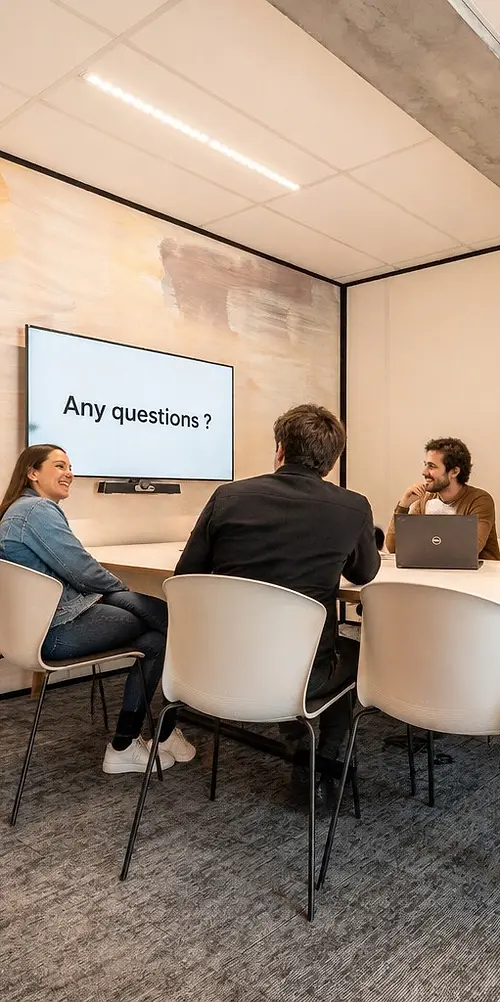 Un échange autour d'une table, devant un écran affichant « Any questions ? »